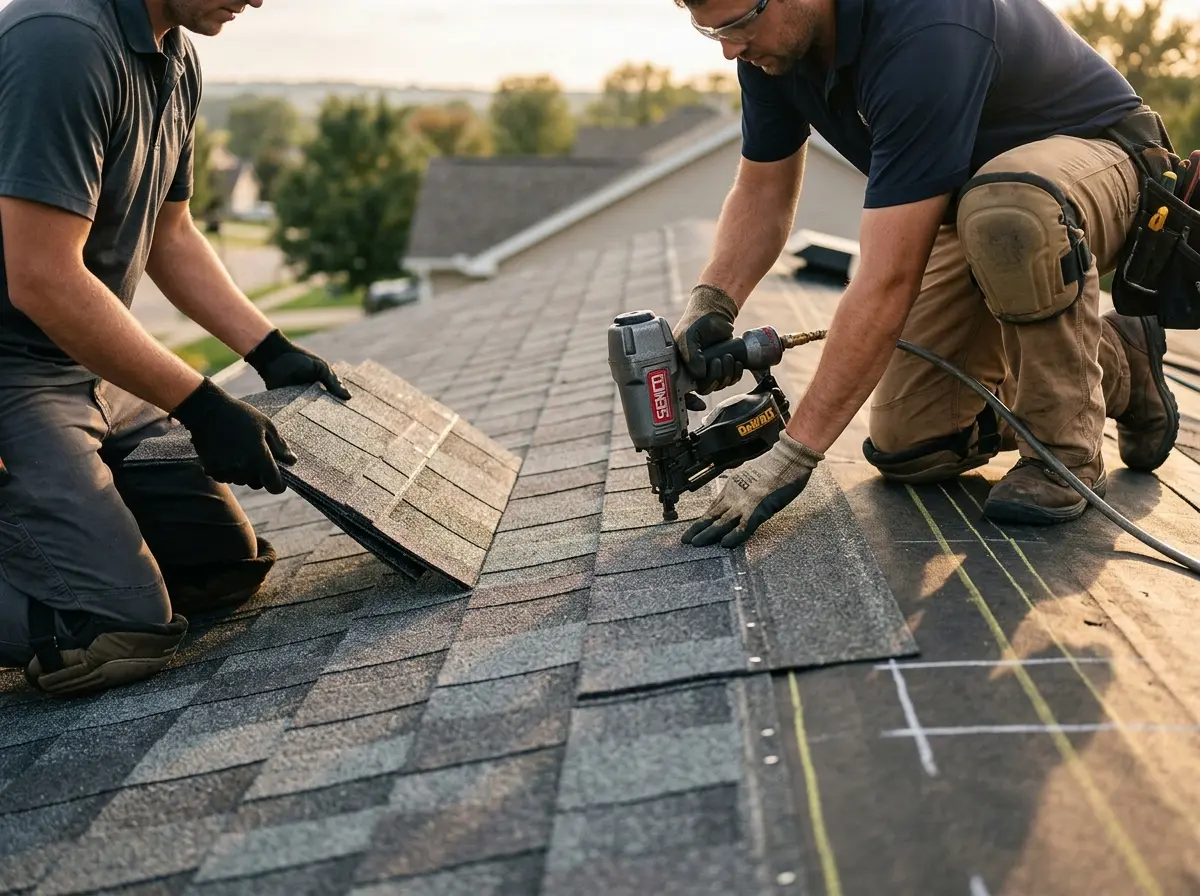Professional roofer working on a residential roof in The Village